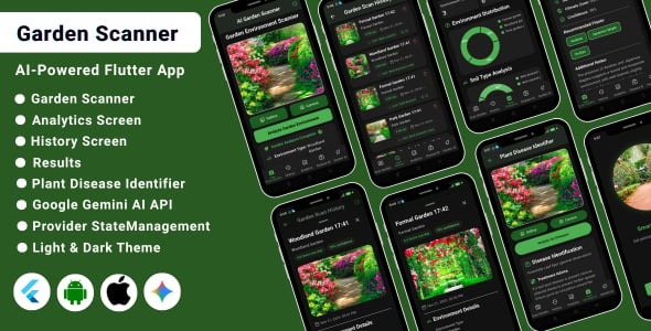 AI Garden Scanner Flutter App | Plant Identifier & Garden Care Assistant | Light & Dark Theme