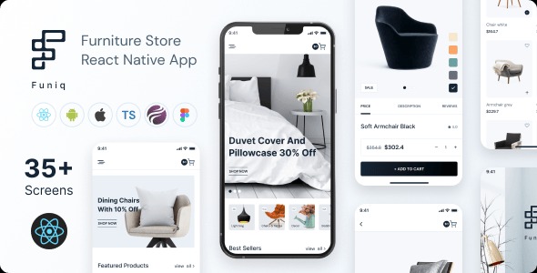 Funiq - Furniture Store React Native App | Expo SDK 49.0.8 | TypeScript | Redux Store | Admin Panel