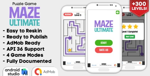 Maze Ultimate - Puzzle Game Android Studio Project with AdMob Ads + Ready to Publish