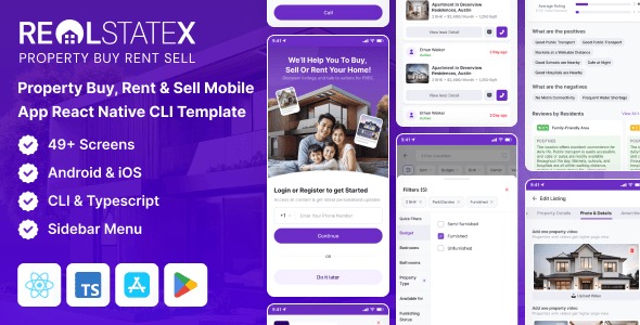 RealStateX - Property Buy, Rent & Sell Classified React Native Mobile App Template