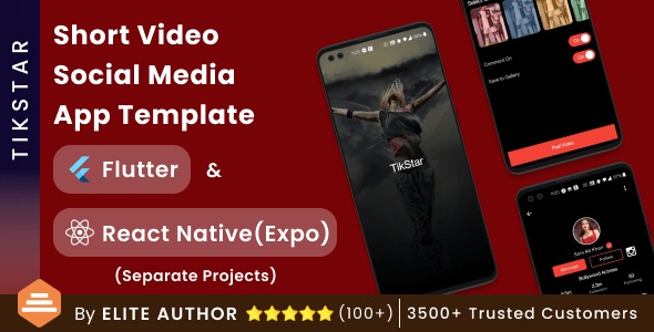 TikStar – Short Video Social Media App UI Template (Flutter & React Native Expo)