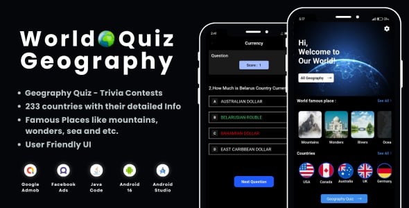 World Geography Quiz with AdMob Facebook Ads Android