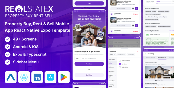 RealEstateX - Expo Property Buy, Rent & Sell Classified React Native Mobile App Template