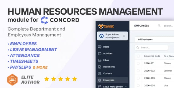 Human Resources Management for Concord CRM - HRM, Employees, Payroll, Leave, Attendance & Timesheets