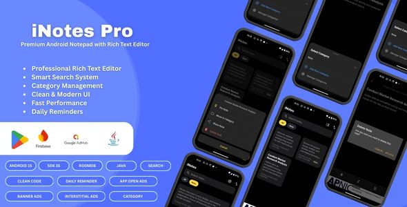 iNotes Pro - Premium Native Android Notepad App with AdMob Ads & Firebase Remote Config
