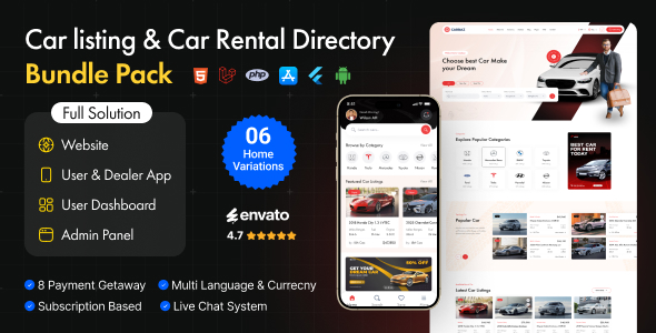 Carbaz - Car listing & Car Rental Directory Laravel Script with Mobile App (Bundle)
