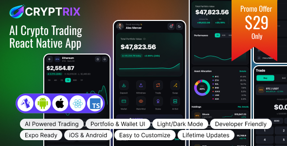 Cryptrix – AI Crypto Investing React Native Expo UI Kit